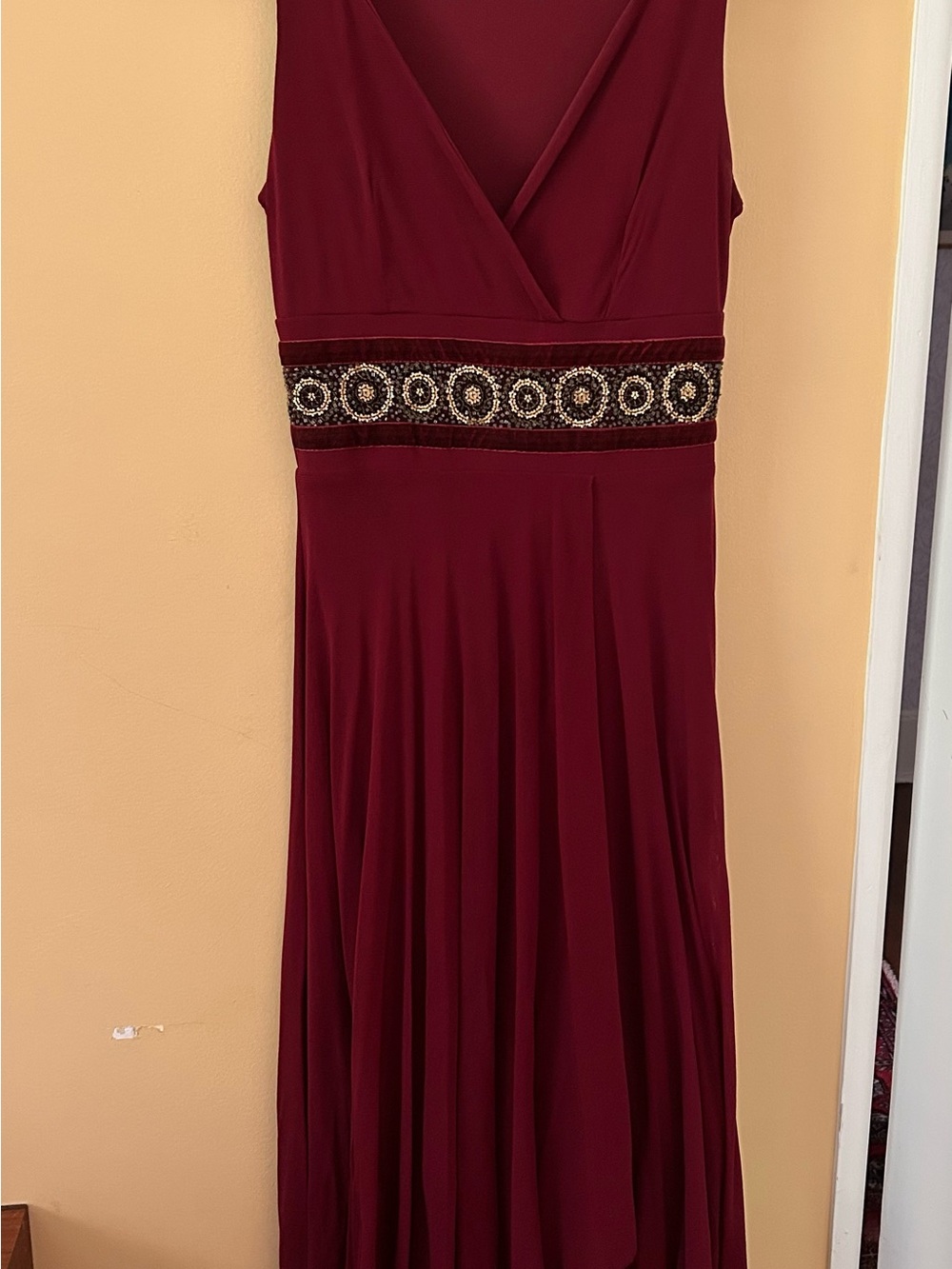 Ariella Wine Red V-Neck Maxi Dress with Beaded Waistband Accent